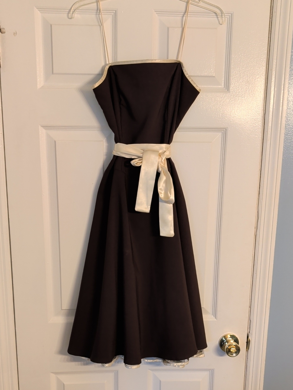 B.Darlin Brown Fit n Flare Dress with Ivory Satin Trim and Waist Sash Size 11-12